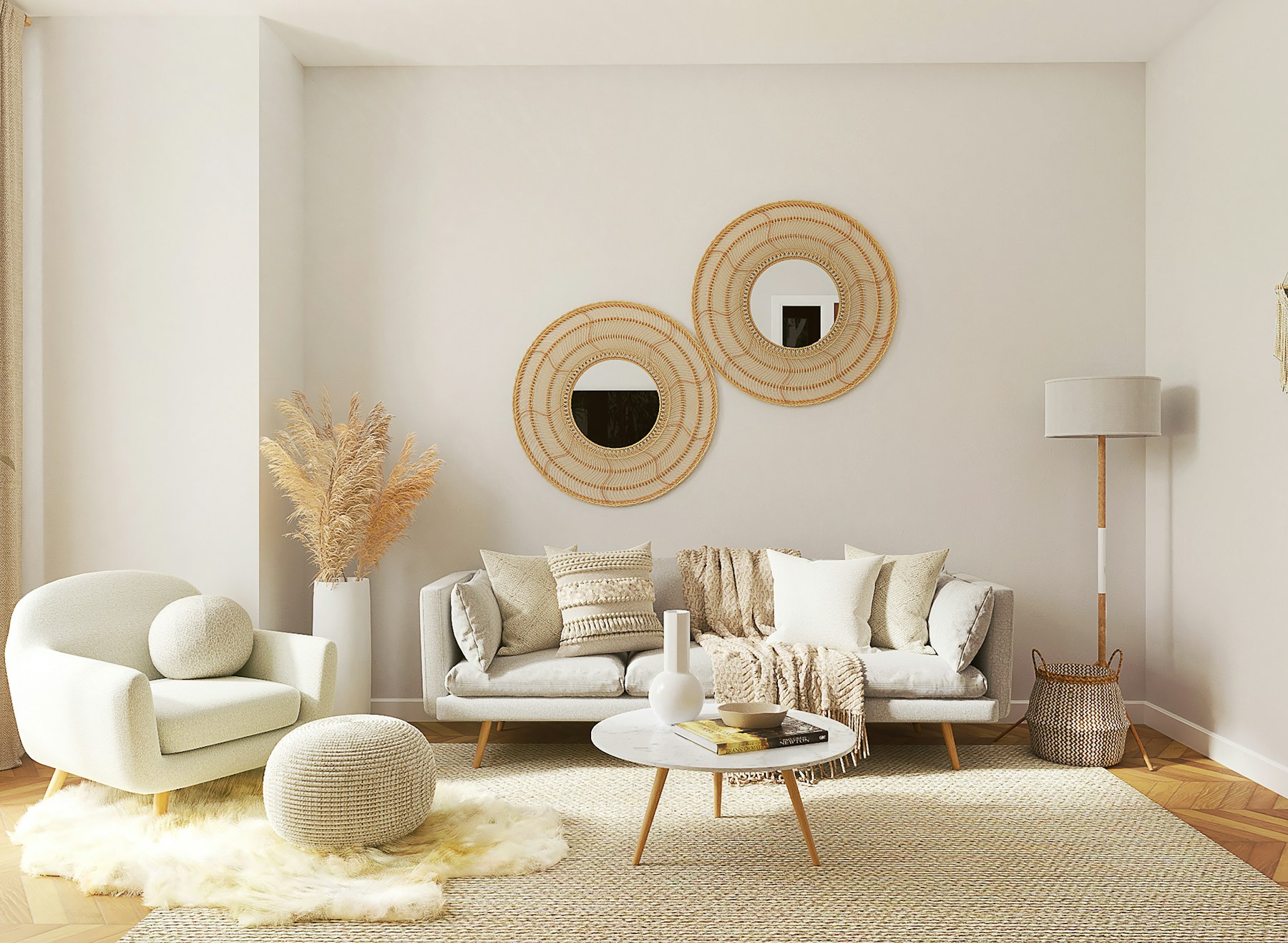 A calm cream living room with natural textures